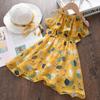Girls Summer Leaf Print Chiffon Sleeveless Dress Bohemian Vacation With Hat Set