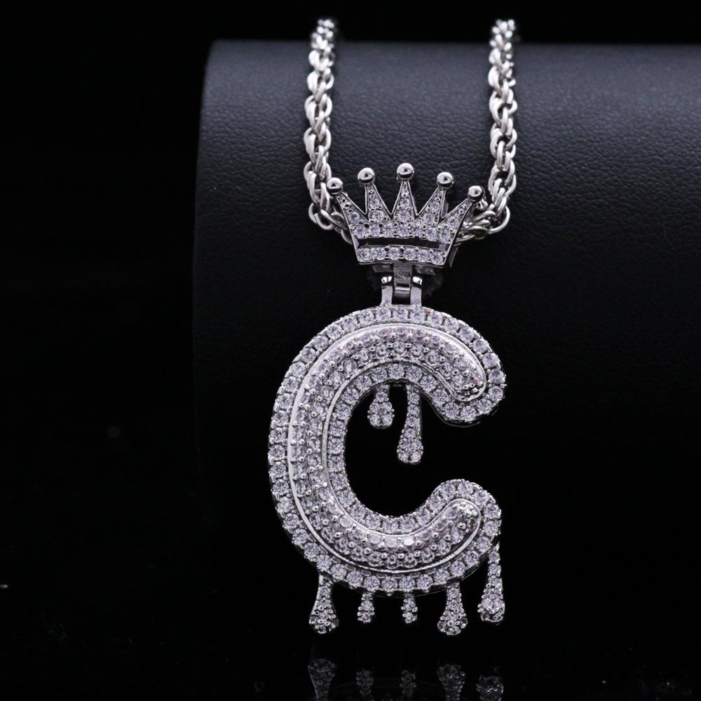 Stylish Hip Hop Zircon Crown Pendant Necklace with 26 English Letters for Women