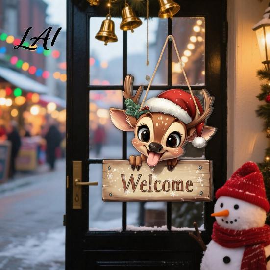 Christmas Party Atmosphere Decor 2D Wooden Door Hanger Ornaments Santa Snowman Reindeer Welcome Wall Cute Elk Holiday Ornaments Sign Rustic