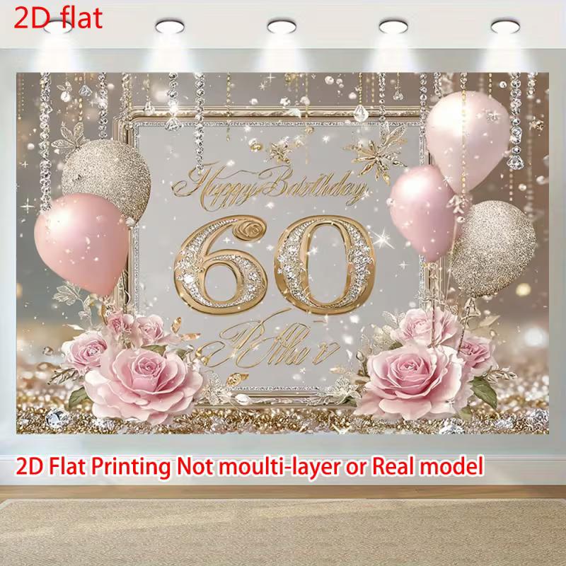2D Pink Gold Glitter 60th Birthday Backdrop Home Party Celebration Photo Background