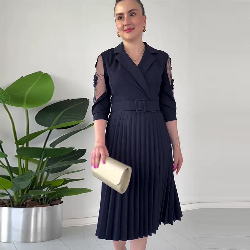 

Летнее женское плиссированное платье однотонной расцветки с сетчатыми вставками XL чёрный