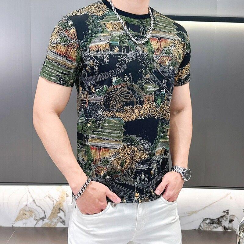 Ice Silk print Short-sleeved T-shirt Men's Summer Thin Breathable Top for Youth Casual Sports Hollow Half-sleeved Base Shirt