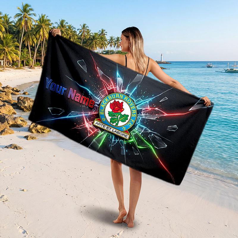 Blackburn Rovers FC Custom Beach Towel, Personalized Name Text Print, Football Logo Soft Quick‑Dry Towel Holiday Gift