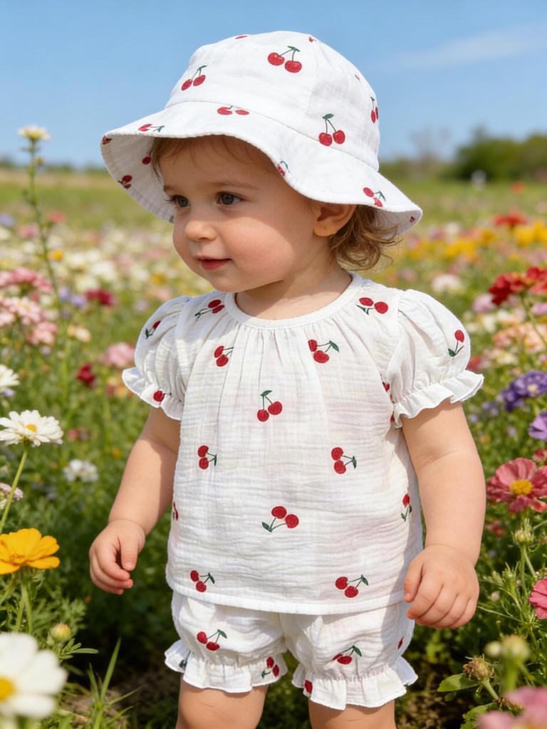 Baby Girl Cherry Print 3PCS Outfit Set with Hat