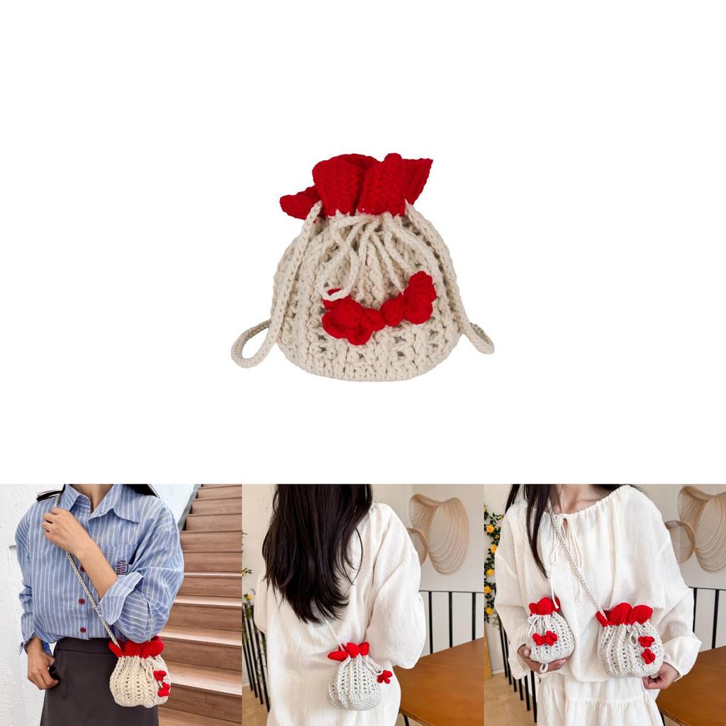 Minimally Woven Crossbody Bag With Flower Appearance And Drawstring Design For Casual Outings