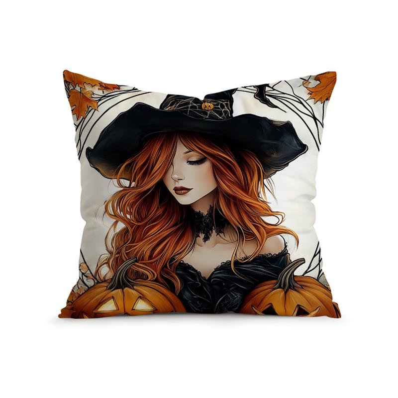 Home Decor Halloween-themed Witch & Cat Pattern Pillow Covers Pattern Cushion Cover Suitable for Sofa Bedroom Car Pillow Cover