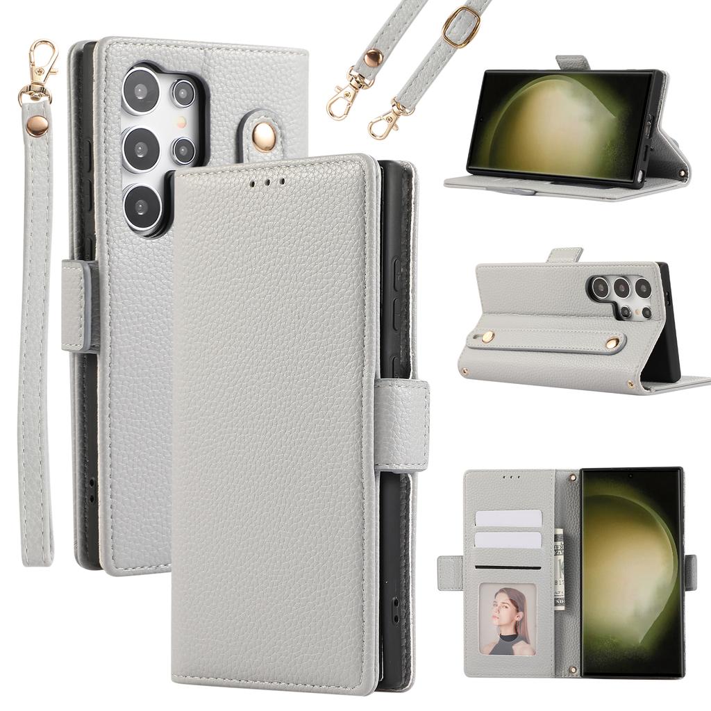 For Samsung Galaxy S23 Ultra Leather Case with Card Holder, Straps, Shockproof Wallet Phone Cover