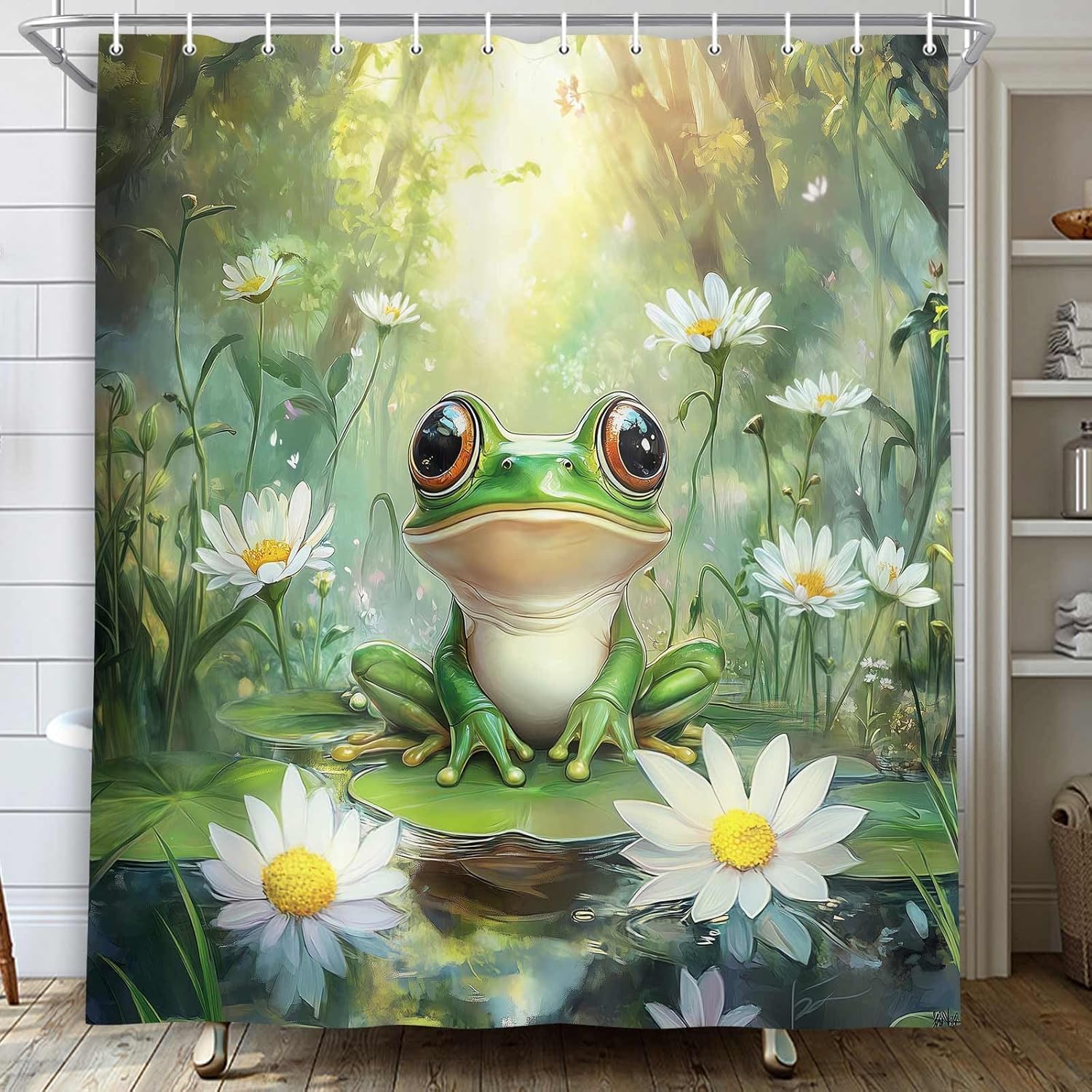 Textile Article Light Cute Kids Shower Curtain Funny Frog Shower Curtains For Bathroom Flower Lotus Leaf Bath Accessories