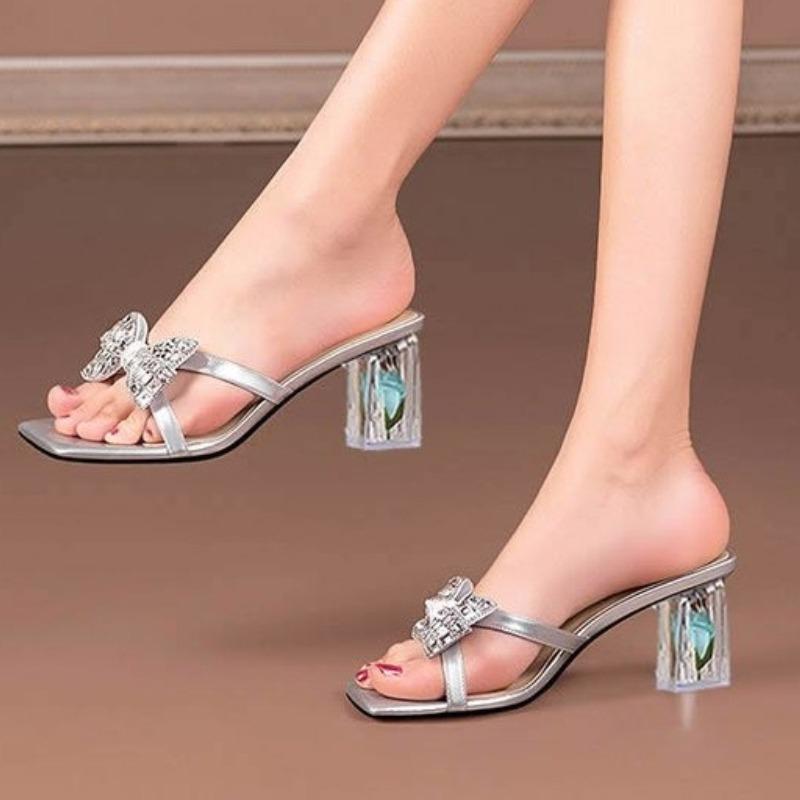 High Heels Crystal Bowtie Slippers Women 2026 Summer Open Toe Transparent Sandals Woman Clear Heeled Party Slides