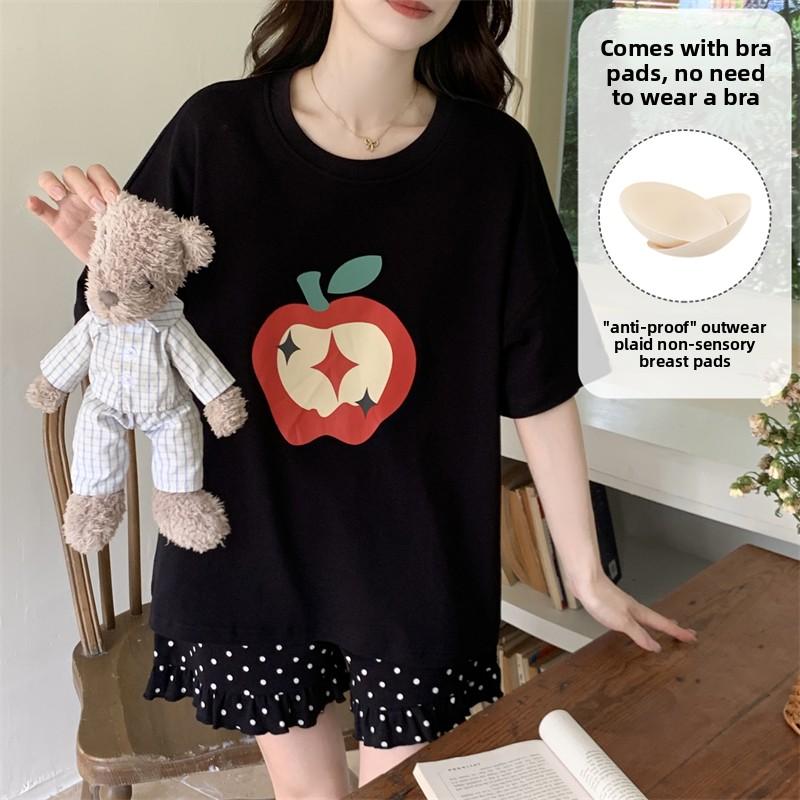 

Летний забавный мультяшный принт Женский пижамный комплект с нагрудными вкладышами Футболка с круглым вырезом и шорты Одежда для сна 2 предмета пижама для девушки Молодежная домашняя одежда XXL чёрный