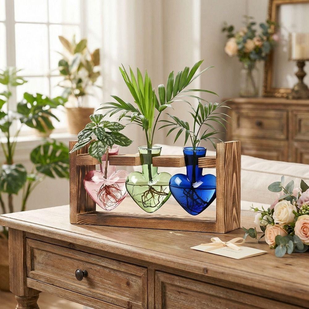 Wooden Stand Heart Shaped Glass Vase Colorful Desktop Vase  Home Decoration