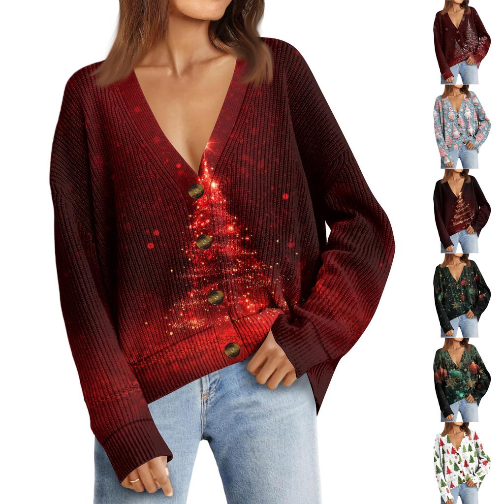 Women's Fashion Long Sleeve Print V-Neck Button Loose Cardigan Top