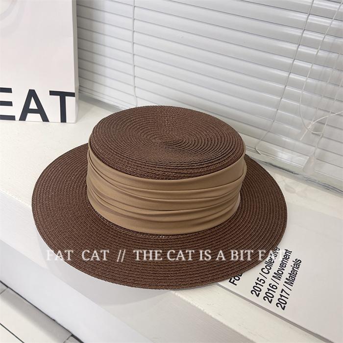 Folded ribbon flat top straw hat women's summer travel sun protection flat top hat vacation hat fashion versatile top hat
