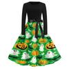 Women's Casual Halloween Print Long Sleeve Round Neck Vintage Style Dress with Waist Tie Belt Comfortable Fit