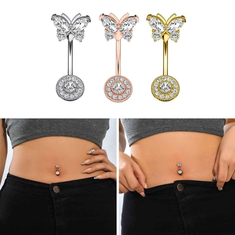 Butterfly-Belly Button Rings Stainless Steel Navel Piercing Jewelry Navel Ring Barbell for Women Girls Dangle Belly Ring