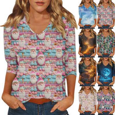 Women's Casual Fashionable Sexy Comfortable V-Neck Christmas Three-Quarter Sleeve Top
