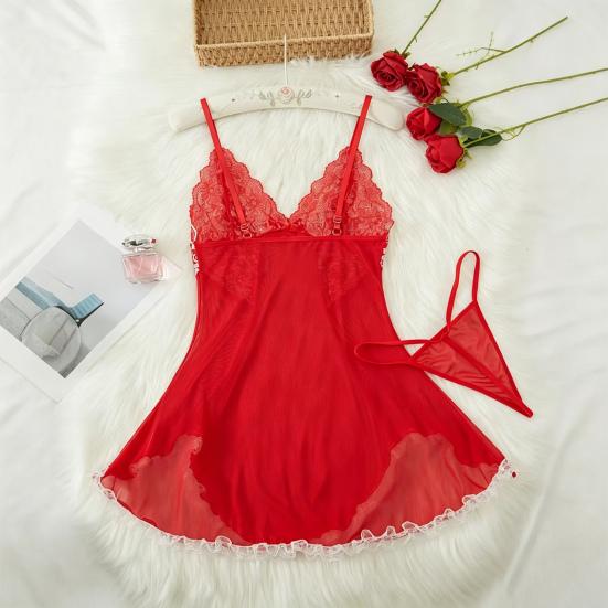 Plus Size Sexy Babydoll Nightdress for Women, V Neck Lace Sheer Mesh Nightgown, Spaghetti Strap Chemise Slip Dress with Thong