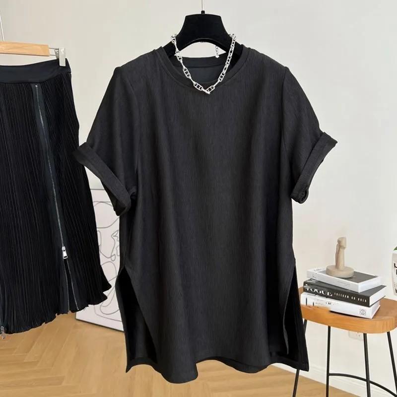 Women s Summer-Style Loose-Fit Slit-Hem Pleated Solid-Color Short-Sleeve T-Shirt S чёрный