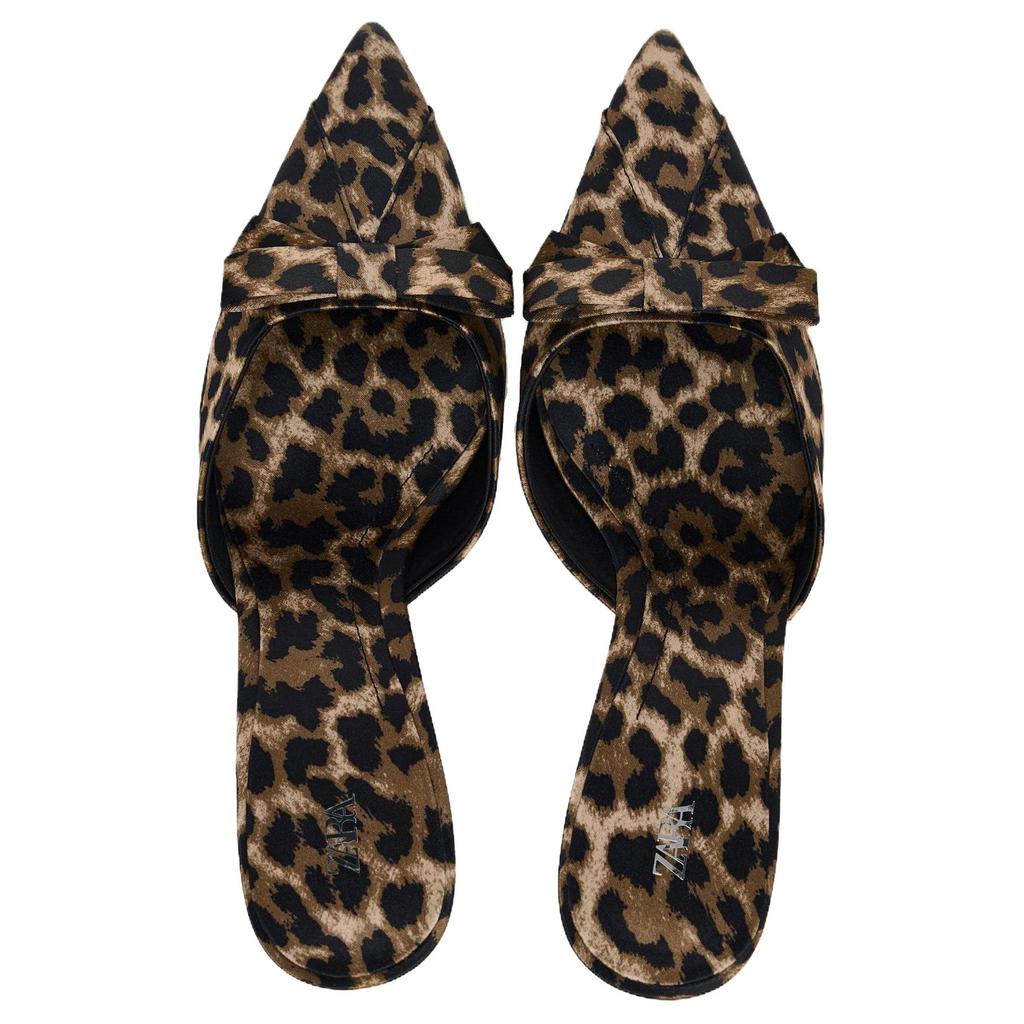 Zara Minimalist Comfortable Versatile High Heel Printed Bow Decorated Pointed Toe Mule Sandals Women Footwear Leopard-Print 1352510-38