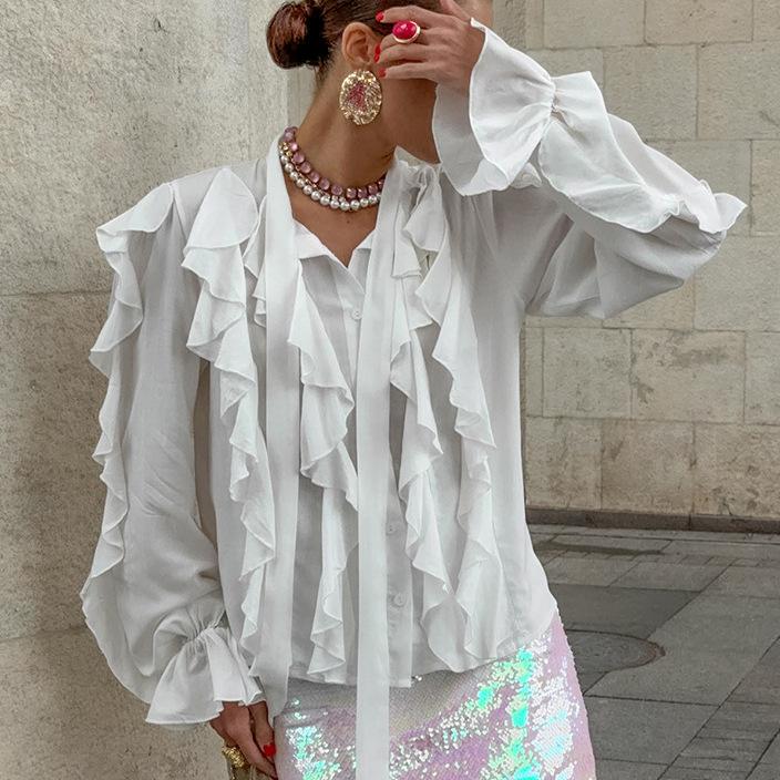 Fashion and casual niche design sense ruffle edge streamer collar loose and thin versatile commuter long-sleeved shirt