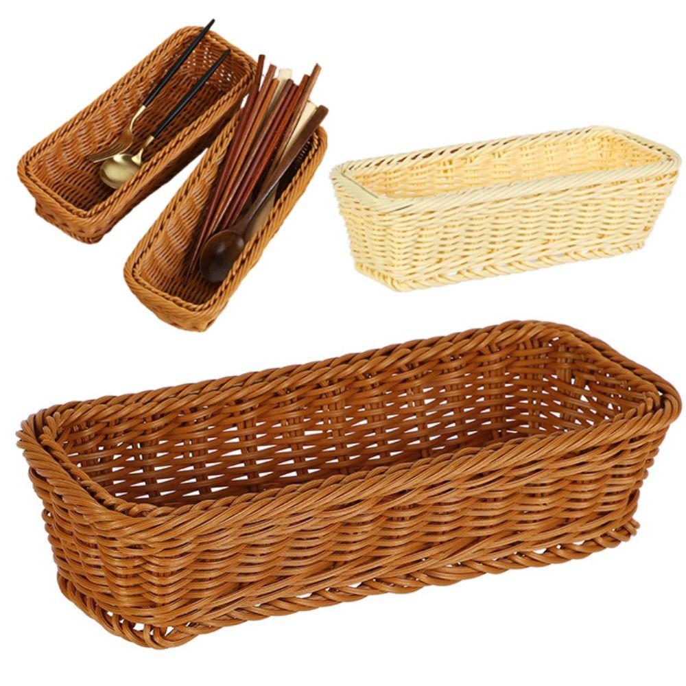 Rectangular Imitation Rattan Storage Basket Simple Plastic Picnic Basket Chopsticks Spoons Forks