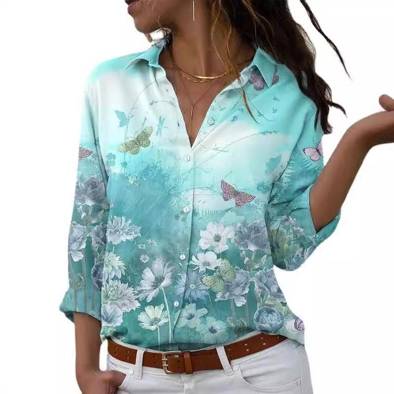 Women S European Long Sleeve Printed Collared Casual Shirt