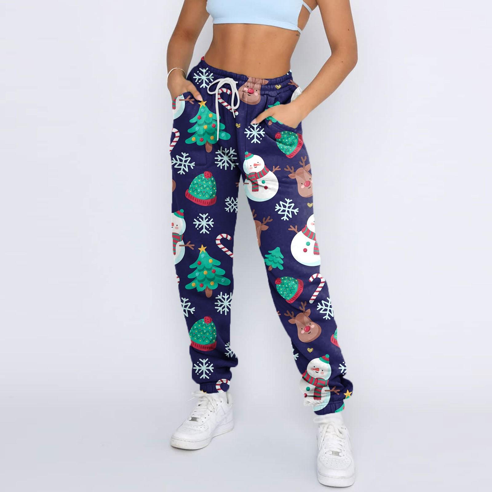 

Женские модные спортивные повседневные спортивные штаны с карманами на шнуровке и рождественским принтом M синий