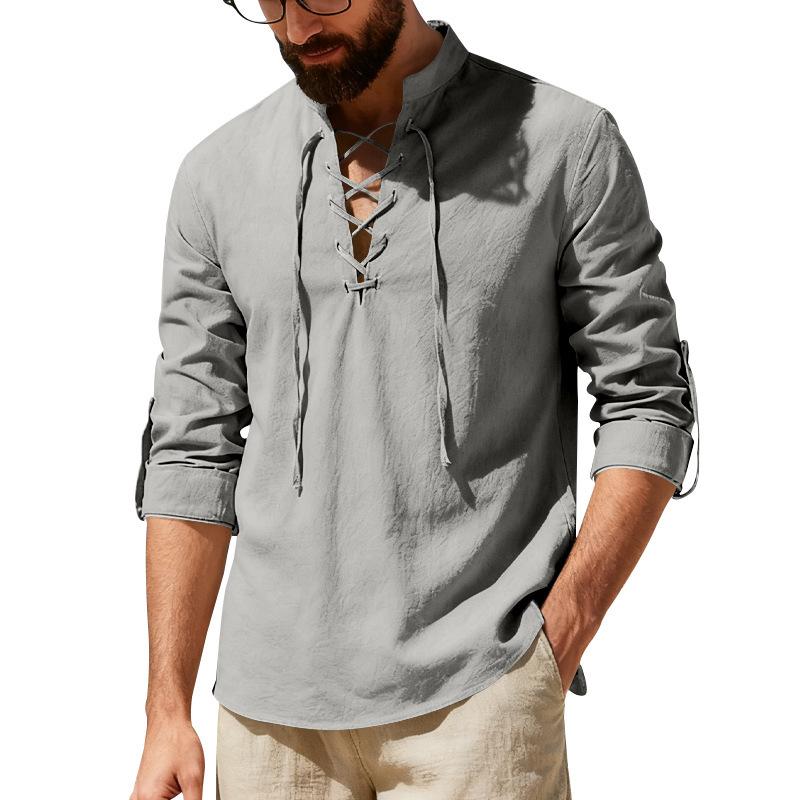 Erkek Keten Henley Gömlek Uzun Kollu Günlük Plaj Gömleği Bağcıklı Dik Yaka