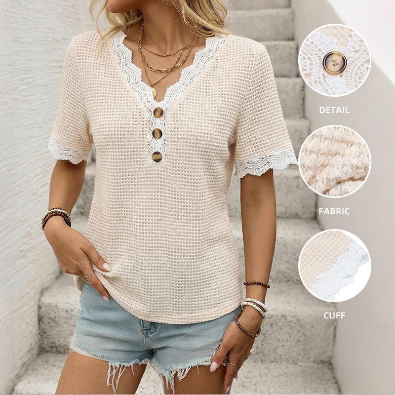 Women'S V Neck Waffle Knit Top Short Sleeve Lace Trim Button Down Casual Summer Boho Blouse T Shirt