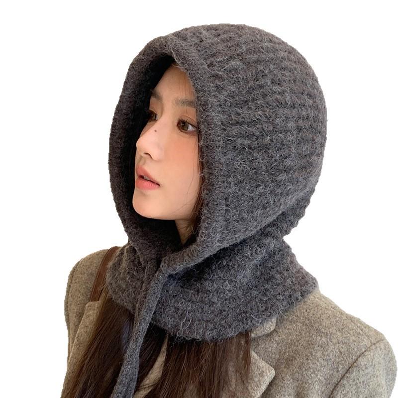 Autumn and Winter Hats for Women  One Piece Big Head Circumference Balaclava Hat Korean Versatile Windproof and Warm Wool Hat