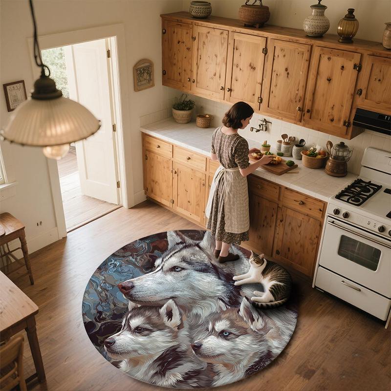 Okrągły Dywanik Trzy Wilki, Dywan do Salonu Sypialni Sofy Pokoju Zabaw Dekoracja, Antypoślizgowa Mata Podłogowa