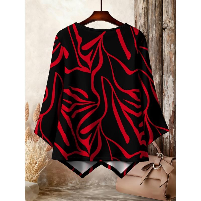 Modern Art Geometric Strip Print, Cross Hem Asymmetric Holiday Gift Women's Round Neck Three-quarter Sleeve T-shirt Spring and Summer