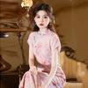 Long Chinese-style Qipao Dress Women Vintage Retro Short Sleeve With Stand Collar Side Slit Swiss Net Fabric