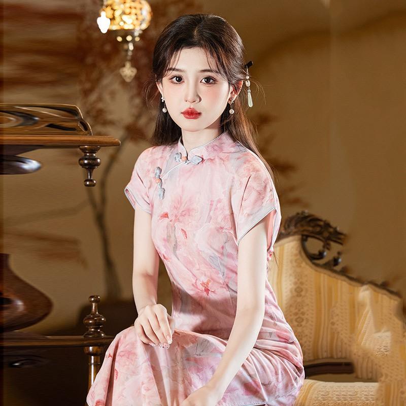 Long Chinese-style Qipao Dress Women Vintage Retro Short Sleeve With Stand Collar Side Slit Swiss Net Fabric