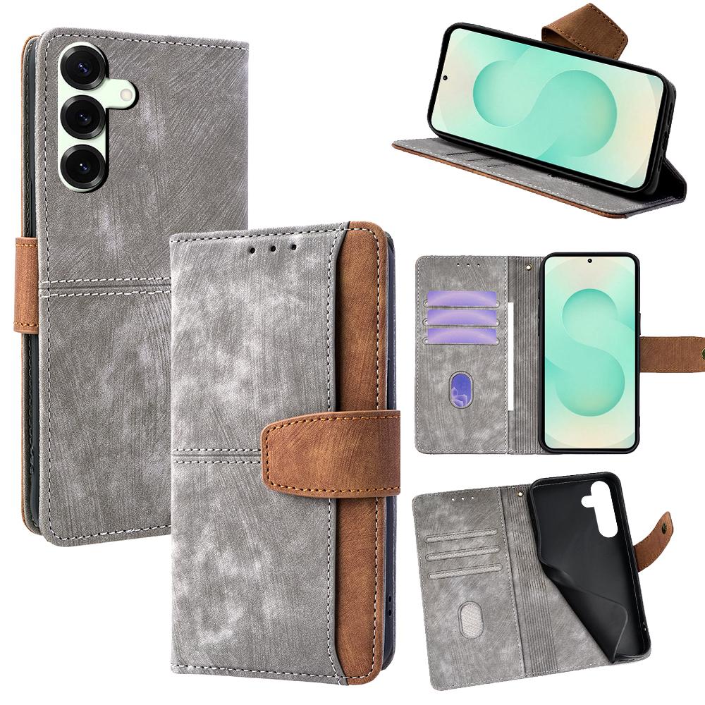 

For Samsung Galaxy S25+ Case RFID Blocking Color Splicing PU Leather Wallet Phone Cover Grey