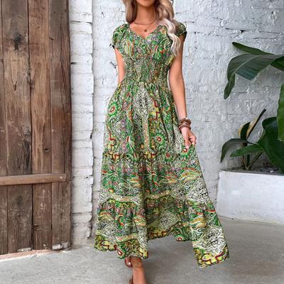 Letnia sukienka Maxi z głębokim dekoltem w szpic i krótkim rękawem Bohemia Kolorowy nadruk Elastyczny, wysoki stan Ruffle Stitch Hem A-Line Beach Dress