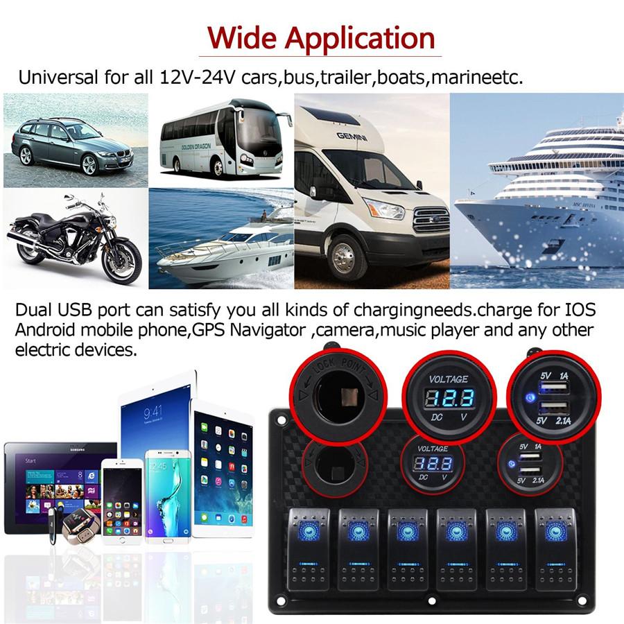 NEW 6 way Rocker Switch + Dual USB Car Charger + Voltmeter car Cigarette Lighter