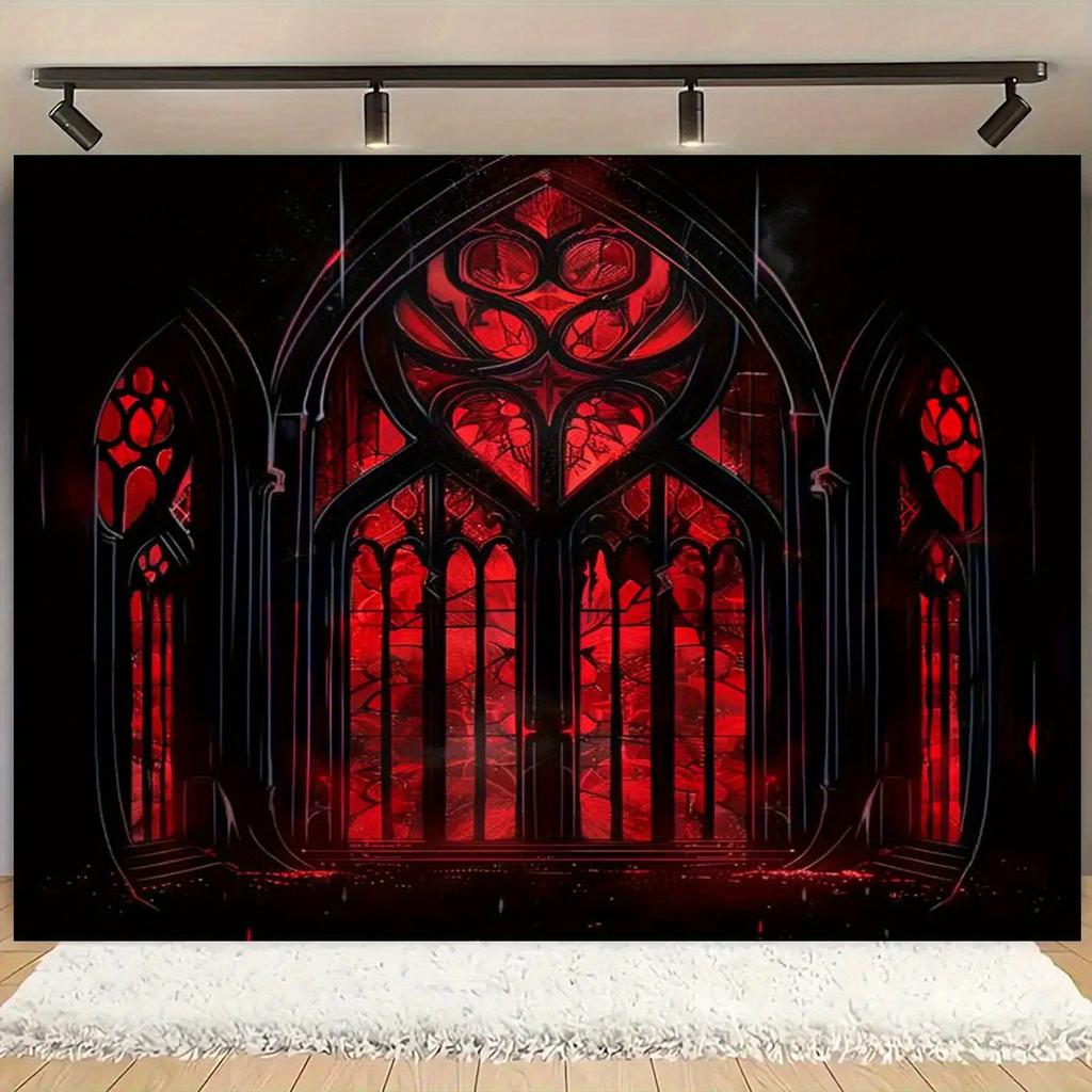 Flat 2D, 1 piece black and red retro gothic banner background fabric with stained glass window design - Halloween Party Decoration