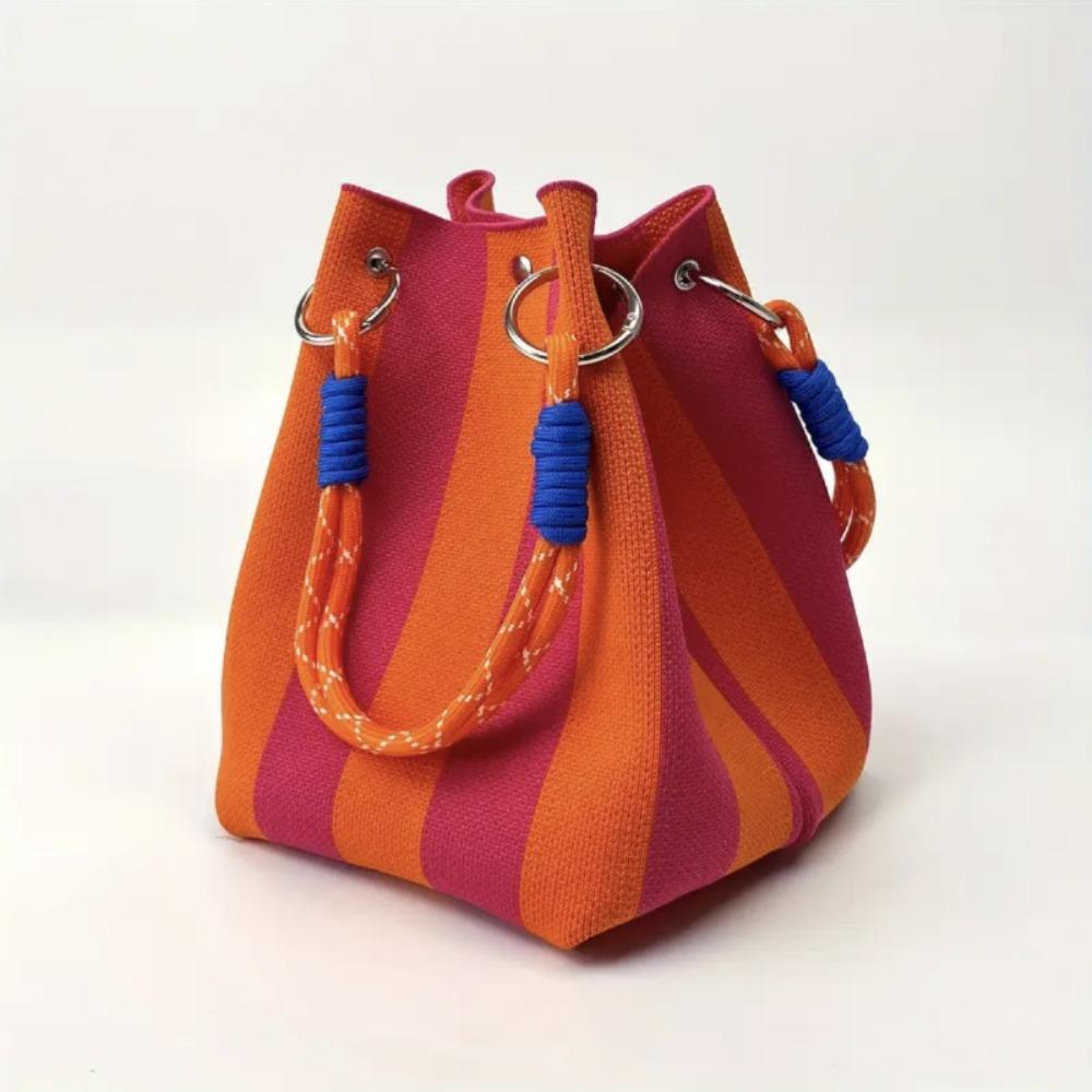 Portable Cartoon Knitted Bucket Bag Handmade Large Capacity Wrist Bag Woven Ring Buckle Handbag for Women Girls