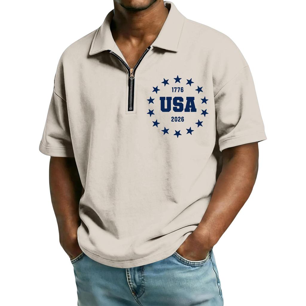 Men's Casual Loose Fit Polo Shirt with Zip Front Collar and Star Circle Letter Print USA Graphic Short Sleeve Top for Summer