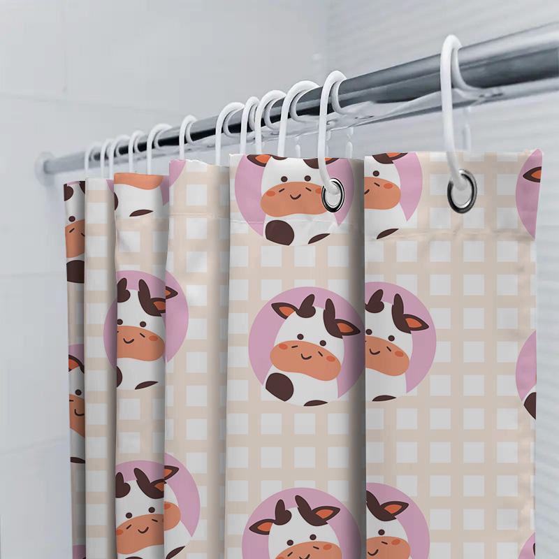 Pink Cow Printed Shower Curtain Cute Bathroom Decor For Kids Bathrooms Waterproof Fabric With Hook Rings Set (180X245Cm)