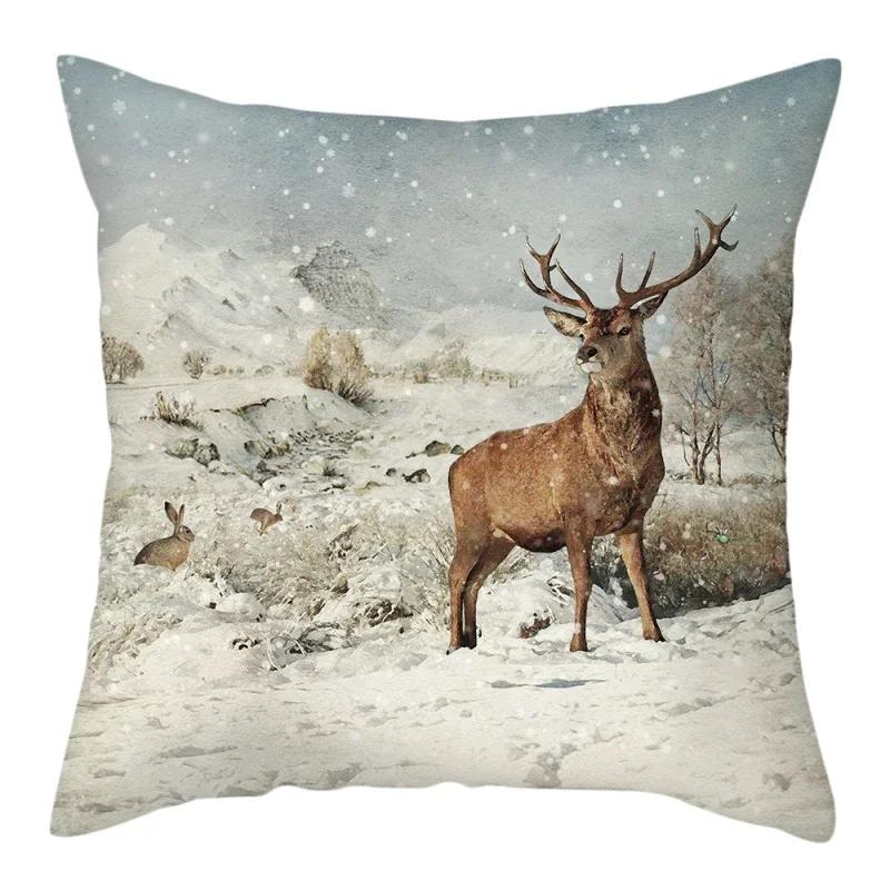 Home decoration in the snow forest elk Christmas print pillowcase bedroom living room sofa decoration pillowcase cushion cover