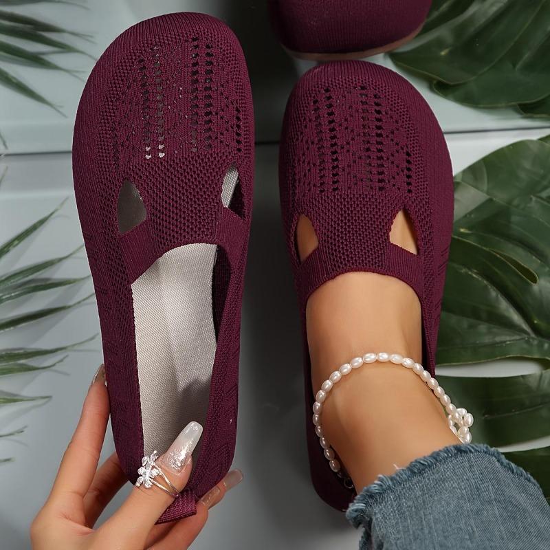 Women Stylish Soft Knitted Flat Shoes Round Toe Hollow Out Design Breathable Lightweight Comfortable Slip on Walking Shoes
