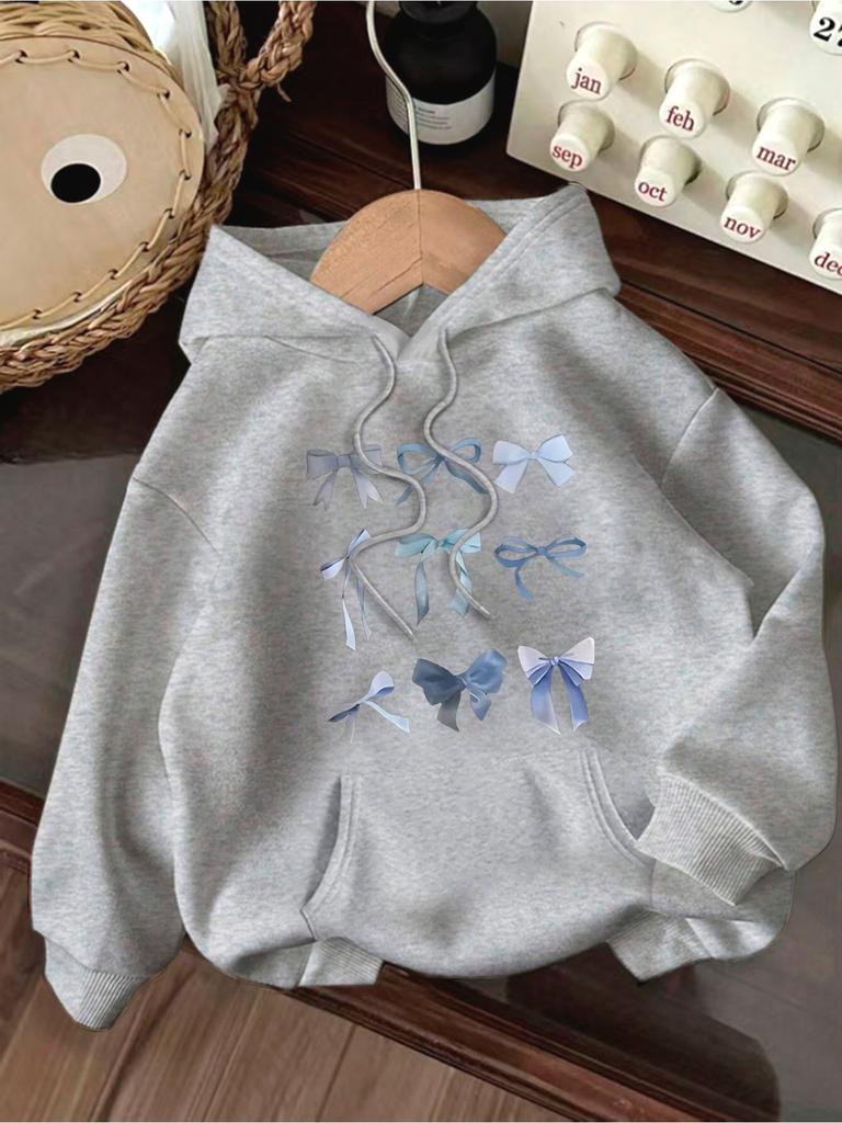 Creative Blue Bow Fresh Style Printed Hoodie In Autumn and Winter Long Sleeved Hoodie Clothing
