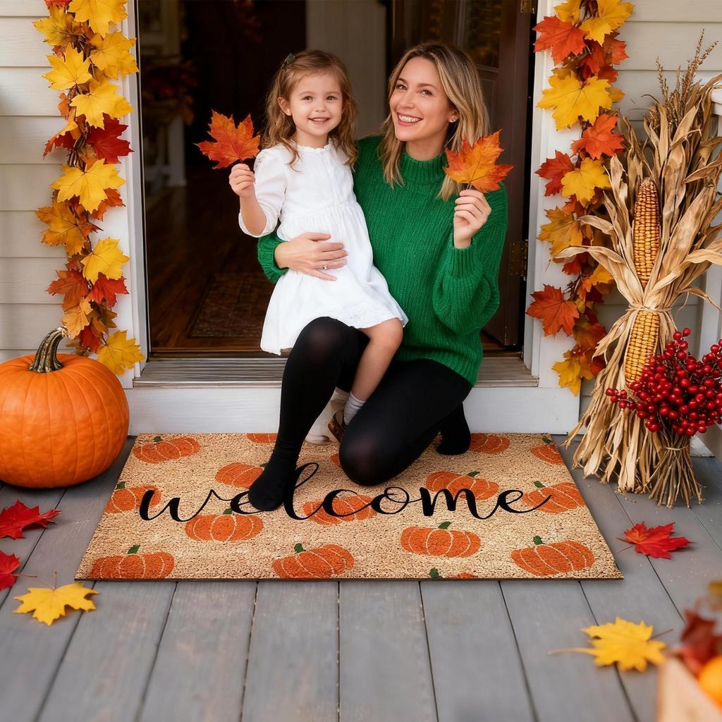 Door Mat Non-Slip Pumpkin Home Decor Washable Welcome Doormat Outdoor Entrance Rug for Indoor Bedroom Bathroom Living Room