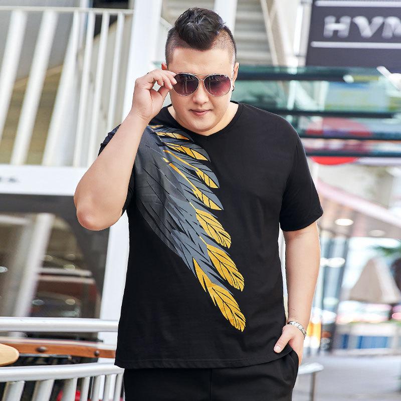 200 Pounds Men's Plus Size Plus Size Printed Short-sleeved T-shirt Fat Guy Melon Seed Collar Thin Section T-shirt Youth Bottoming Shirt Summer