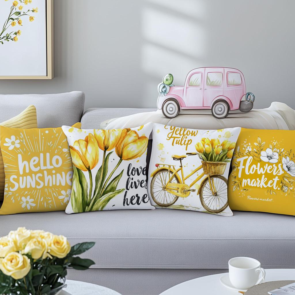 4 Pack Yellow Tulip Pillow Covers Double Sided Print Hello Sunshine Floral Bicycle Cushion Cases Home Decor For Sofa Bedroom
