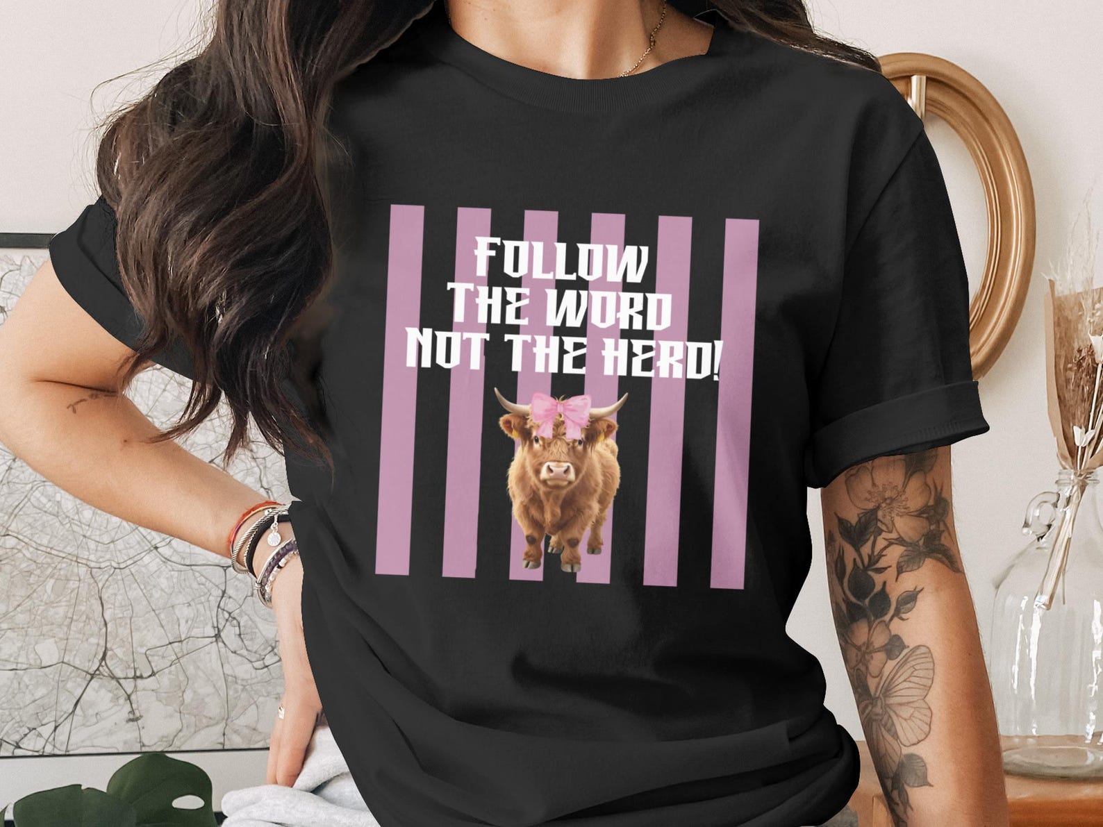 Highland Cow T-Shirt, Follow Not The Herd, Pink Bow Farm Animal Tee S
