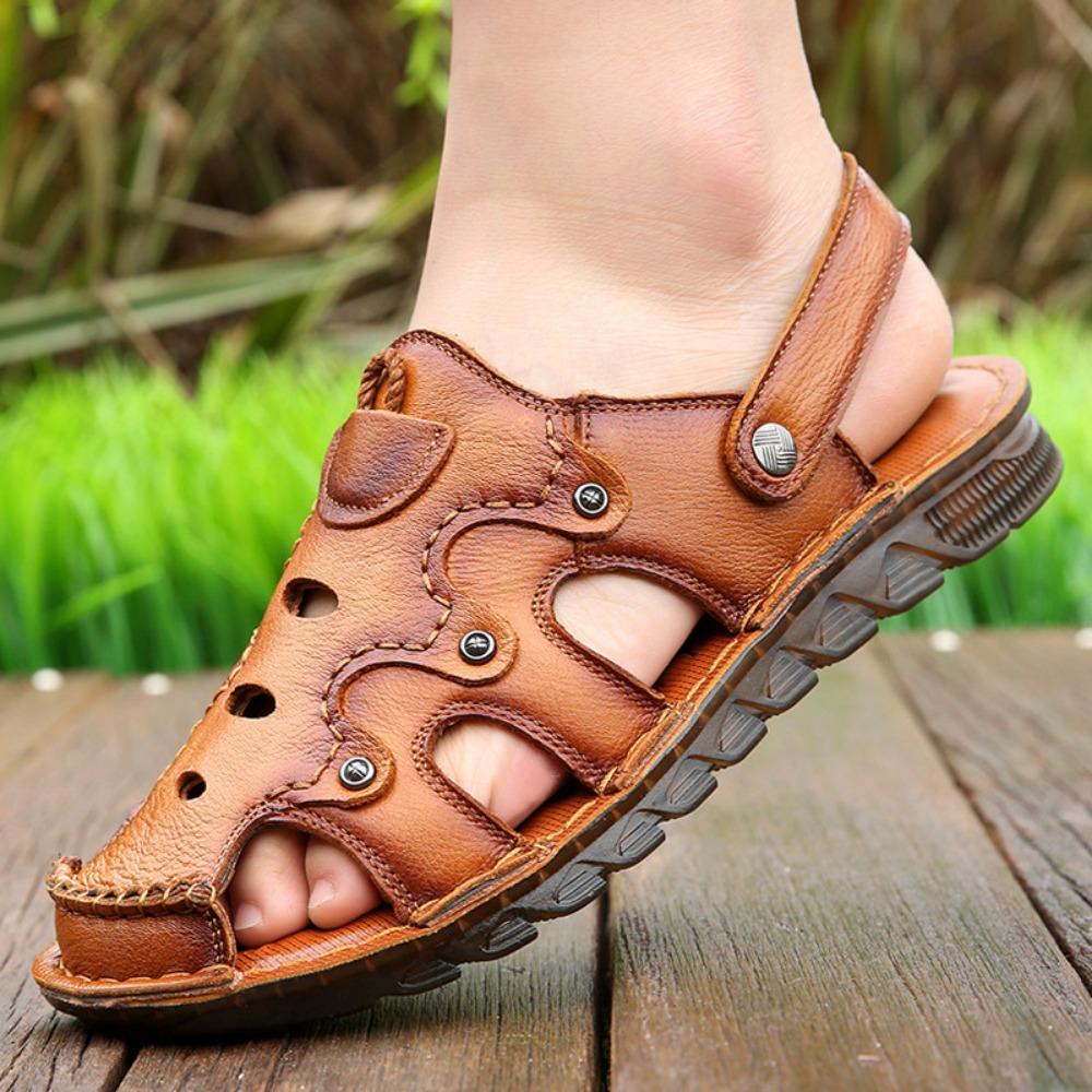 Men's Genuine Leather Sandals Summer Outdoor Breathable Open Toe Casual Beach Shoes Trendy Hollow Design