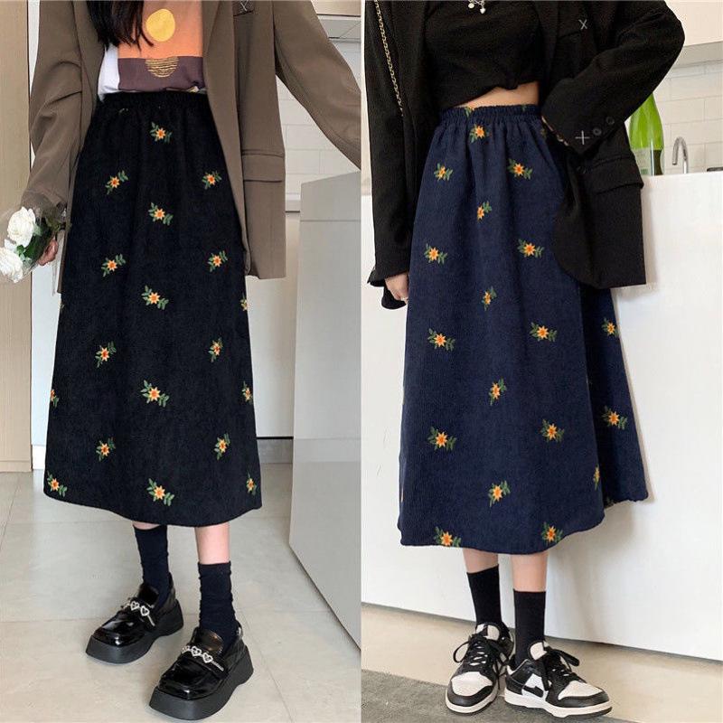 Corduroy A-line Midi Skirt - High Waist, Floral Spring/Autumn Style for Women